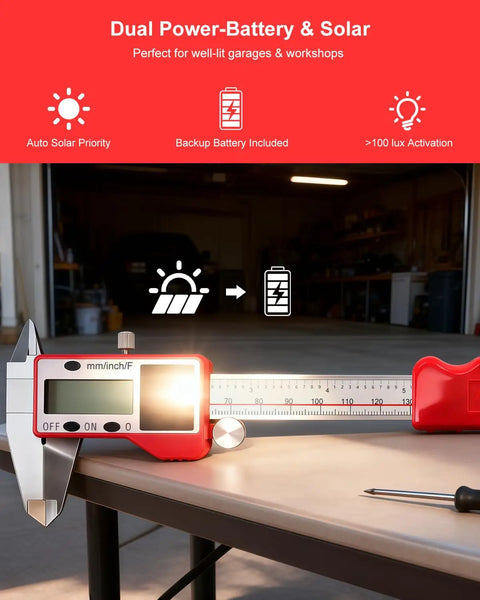 Solar Powered Digital Caliper 6 Inch, 0.001 Inch Precision displayed with dual power solar and battery feature in workshop