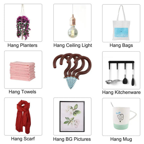 Cup Ceiling Hooks 1 Inch Vinyl Coated Metal Screw In Holder Hooks For Home Office Plants Outdoor Lights Hanger Brown Pack Of 20 displayed with usage examples for various items.