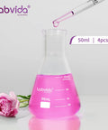 4 Piece Narrow Mouth Glass Erlenmeyer Flask Shot Glass Set, 50ml each, 3.3 Borosilicate Glass with Printed Graduation filled with pink liquid