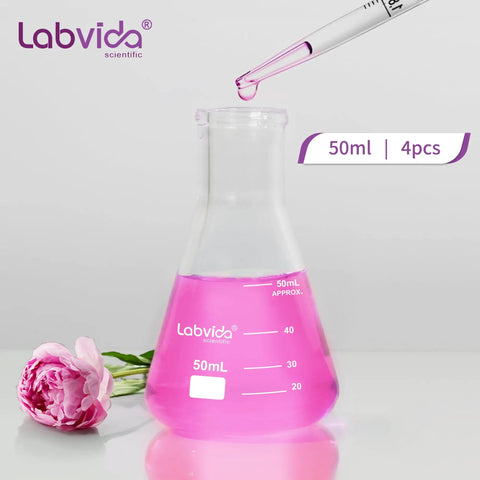 4 Piece Narrow Mouth Glass Erlenmeyer Flask Shot Glass Set, 50ml each, 3.3 Borosilicate Glass with Printed Graduation filled with pink liquid
