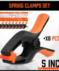 Front view of HORUSDY 8-pack 5-inch heavy-duty plastic spring clamps with orange jaws