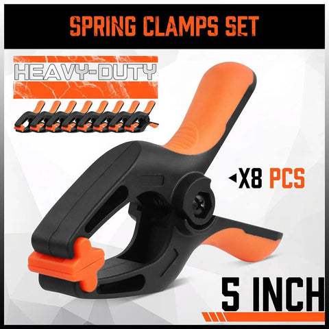 Front view of HORUSDY 8-pack 5-inch heavy-duty plastic spring clamps with orange jaws