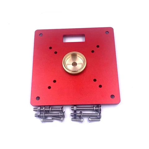 No Sweat Fit Aluminum Alloy Router Table Insert Bushings with Slick Precision Alignment Zero Drift Design, red metal plate with screws.