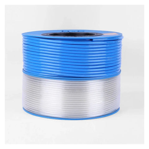 Heavy Duty Polyurethane Pneumatic Air Hose Tubing Roll Spans Eighty Meters With A Smooth 16X12 Mm Bore in blue and white coils.