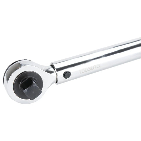 Close-up of 1/2 Inch Drive Torque Wrench with Audible Click, 25 to 250 Ft-Lb Range, Dual Scale Inch-Pound and Newton Meter, Locking Collar