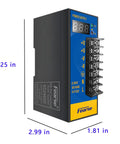 Rock Solid Industrial Switching Power Supply 24 Volt 2.5 Amp 60 Watt Din Rail Adapter With Digital Display viewed from the front with dimensions.