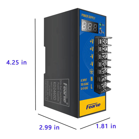 Rock Solid Industrial Switching Power Supply 24 Volt 2.5 Amp 60 Watt Din Rail Adapter With Digital Display viewed from the front with dimensions.