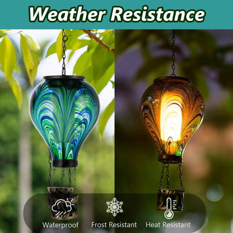Lit Hot Air Balloon Solar Lantern With Flickering Flame Light, Tie Dye Glass Outdoor Lamp, Waterproof hanging in garden