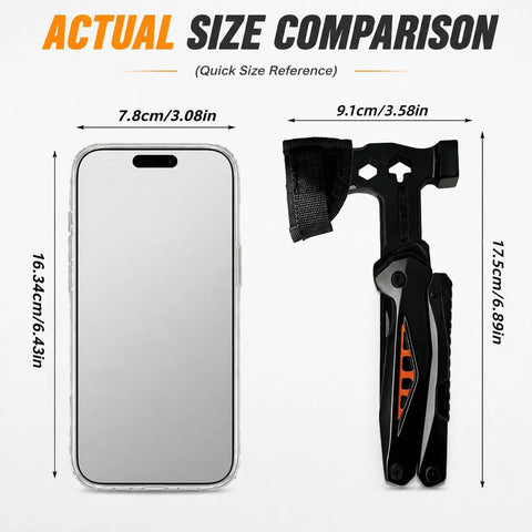 All In One Camping Hatchet With Hammer And Knife And Protective Sheath For Survival Gear For Men Dad Emergency Car Tool And Hiking Accessories A Real Workhorse Outdoor Gadget For Hiking And Adventure size comparison with phone