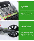 Close-up of chain case and opener of Walk Behind Garden Seeder With Five Row Capacity Metal Precision Seed Planter, highlighting depth and gear features.