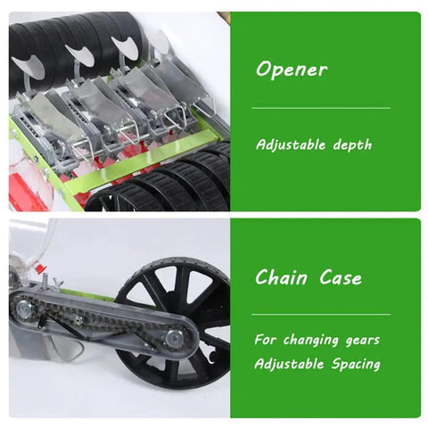 Close-up of chain case and opener of Walk Behind Garden Seeder With Five Row Capacity Metal Precision Seed Planter, highlighting depth and gear features.