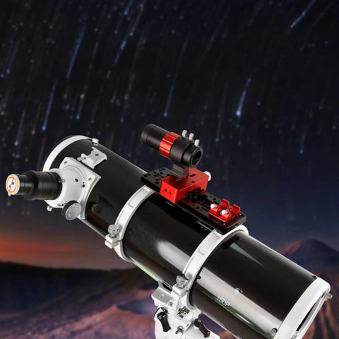 Black telescope with Heavy Duty Dovetail Mounting Plate For Telescopes 220mm Guide Star Compatibility Handle Bracket with accessories.