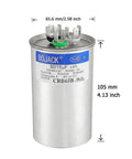 Dual Run Circular Start Capacitor 50 And 15 UF With Six Percent Tolerance, 370 To 440 Volt, CBB65, silver cylinder, front view