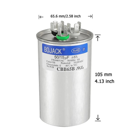 Dual Run Circular Start Capacitor 50 And 15 UF With Six Percent Tolerance, 370 To 440 Volt, CBB65, silver cylinder, front view