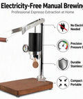 Portable Manual Espresso Maker With Stainless Steel Lever And Precision Pressure Gauge For Rich Extraction Of Espresso And Latte Road Ready Build with wooden base.