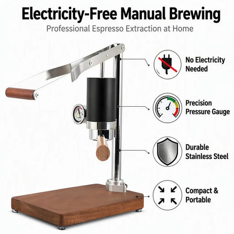 Portable Manual Espresso Maker With Stainless Steel Lever And Precision Pressure Gauge For Rich Extraction Of Espresso And Latte Road Ready Build with wooden base.