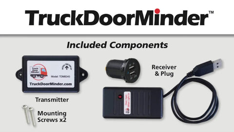 Big Rig Cargo Door Alert And Roll Up Opener Security Monitor With Straight Plug 12 Volt Power And Dual Usb Charging Ports, includes transmitter, receiver, and screws.