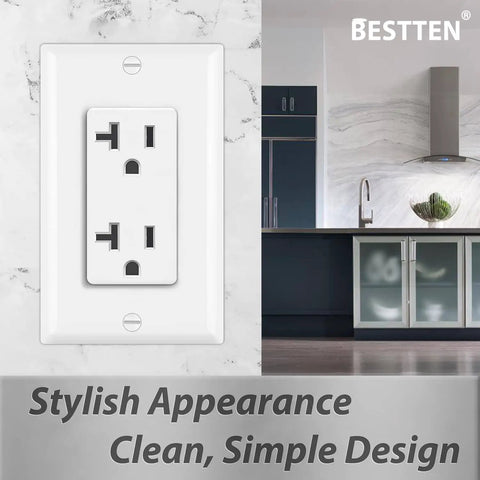 10 Pack 20 Amp Decorator Receptacle Outlet With Wall Plates 125V 2500W in stylish kitchen setting