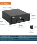 Heavy Gauge 2U Rack Mount Drawer For Server Cabinet With Smooth Locking Slide And Cable Management Cutouts Boasts Knockout Cold Rolled Steel Construction, specs showing dimensions 9.9x7.9x3.5 inches.