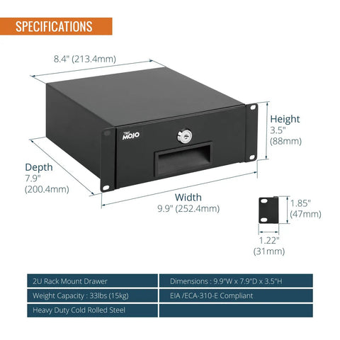 Heavy Gauge 2U Rack Mount Drawer For Server Cabinet With Smooth Locking Slide And Cable Management Cutouts Boasts Knockout Cold Rolled Steel Construction, specs showing dimensions 9.9x7.9x3.5 inches.