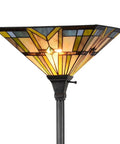 Tiffany Style Mission Floor Lamp With Real Stained Glass Shade, Vintage Uplight Torchiere displaying multicolored glass art shade.