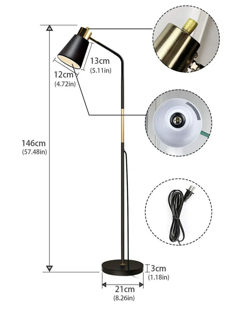 Three Color Temperature Floor Lamp With Adjustable Head And Energy Efficient Nine Watt LED Bulb Included, full view with dimensions.