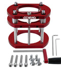 Heavy Duty Router Table Lift With Killer Four Jaw Clamping For 65 Millimeter Motors Offering Dead Precise Two Inch Height Adjustment, red metal build.