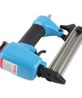 Professional Grade Pneumatic Brad and Staple Nailer with Insanely Fast Nailing Speed and Efficient Air Flow Usage and Sweet Grip for Furniture and Woodworking Tasks close-up of blue metal tool