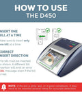 D450 Counterfeit Money Checker with Ultraviole - usage instructions for inserting and detecting suspect bills