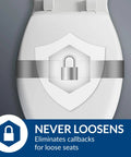Heavy Duty Elongated Plastic Toilet Seat With Lid And StayTite Fastening For Secure Non Slip Installation In Hotels And Restrooms White Stainless Steel Posts And Pintles For Corrosion Resistant Durability, lock symbol indicating secure fastening.