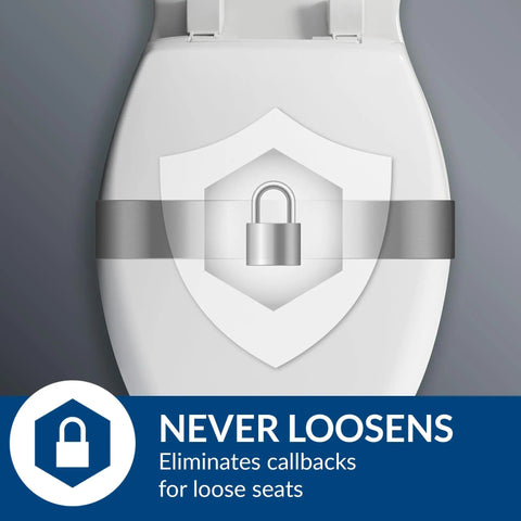 Heavy Duty Elongated Plastic Toilet Seat With Lid And StayTite Fastening For Secure Non Slip Installation In Hotels And Restrooms White Stainless Steel Posts And Pintles For Corrosion Resistant Durability, lock symbol indicating secure fastening.