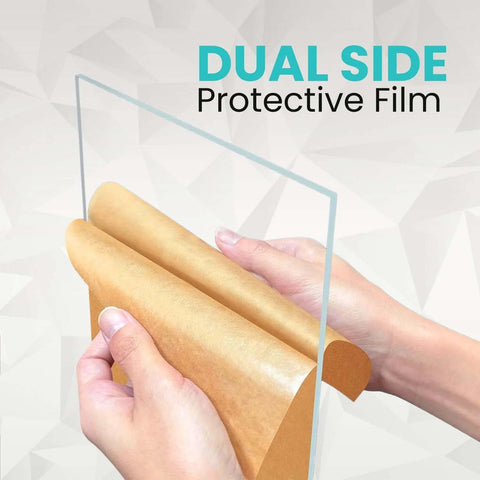 Front view of 12x24 in clear acrylic Plexiglass sheet, 3mm thick, with dual-side protective film being peeled.