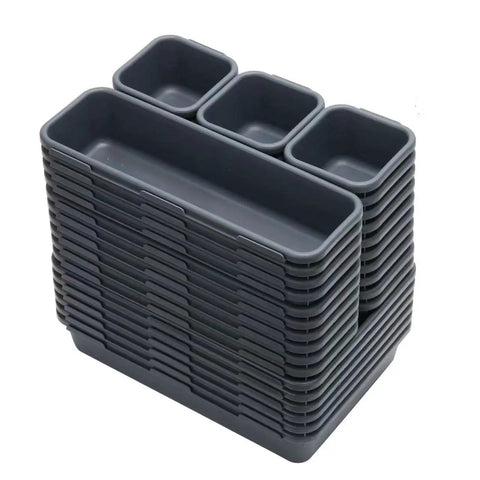 42 Pack Tool Box Organizer With Interlocking Tray Dividers For Drawer, Rolling Tool Chest Cart Cabinet Workbench And Desk Storage Keeps Hardware, Screws, Nuts, Parts, And Small Tools Neat And Easy To Grab In Grey showing stacked trays