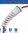 Close-up of white nylon spiral strain relief gland from 22 Piece Cable Gland Kit For Electrical Installations With PG7, PG9, PG11, PG13.5, PG16, And PG21, All In One Weatherproof Wire Entry Kit with red cable.