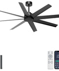 60 Inch Ceiling Fan No Light Modern Black With 8 Blades Remote App Control DC Motor Outdoor Fan For Covered Patio Living Room Garage Workshop Wall Switch Compatible, front view with remote and app.
