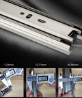 Bottom Mount Soft Close Beefy Heavy Duty Ball Bearing Drawer Slides With Full Extension Three Section Rails And Cushioned Rubber Pads Side Mounted Steel Rails 100 Lb Capacity Quiet Glide For Kitchen And Cabinet Drawers shown with measurements
