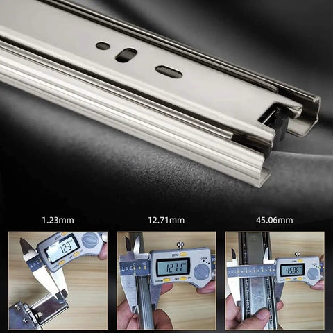 Bottom Mount Soft Close Beefy Heavy Duty Ball Bearing Drawer Slides With Full Extension Three Section Rails And Cushioned Rubber Pads Side Mounted Steel Rails 100 Lb Capacity Quiet Glide For Kitchen And Cabinet Drawers shown with measurements