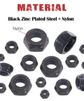 Heavy Duty Zinc Plated Nylon Lock Nuts Assortment Kit Offers Rock Solid Hex Head Stability With Secure Thread Grip Includes 165 Piece Metric Bolt Set In Seven Key Sizes M3 To M12 Stored In A Tough Resealable Case For Daily Shop Tasks - display of various black nylon lock nuts in different sizes.