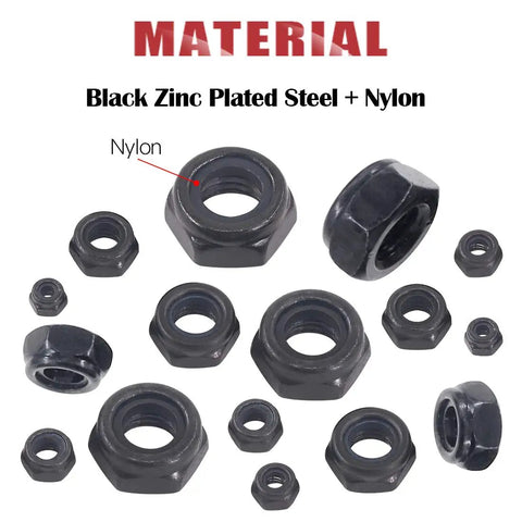 Heavy Duty Zinc Plated Nylon Lock Nuts Assortment Kit Offers Rock Solid Hex Head Stability With Secure Thread Grip Includes 165 Piece Metric Bolt Set In Seven Key Sizes M3 To M12 Stored In A Tough Resealable Case For Daily Shop Tasks - display of various black nylon lock nuts in different sizes.
