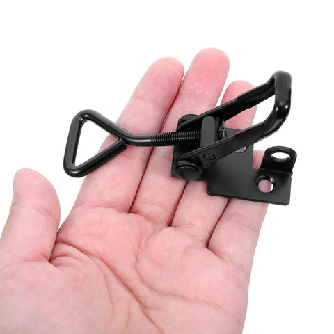 Beefy Heavy Duty Stainless Steel Toggle Latch Clamp Set shown in hand for size reference, adjustable quick release pull latch with lock hole, 4 pack