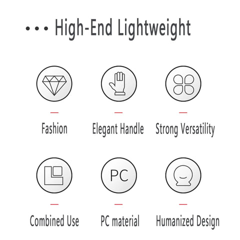 Icons showing features: fashion, elegant handle, strong versatility, combined use, PC material, humanized design.