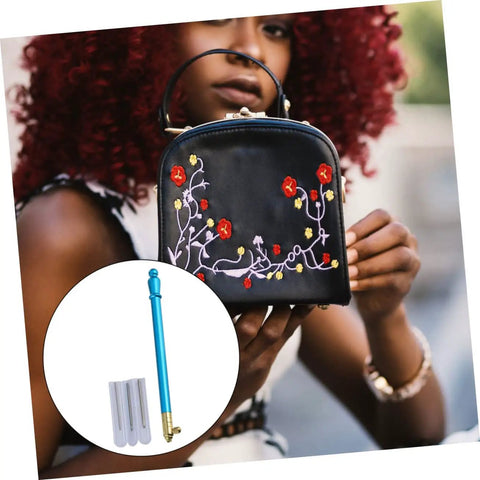 Woman holding embroidered purse with Beginner Friendly Embroidery Hook Needle Set With Non Slip Metal Handle Punch Needle Kit