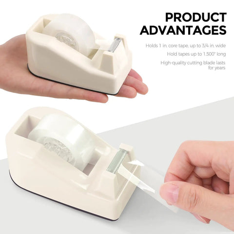 Beige tape dispenser in hand from Must-Have All In One Desk Organizer Set For Home Office And School With Stapler Tape Dispenser Scissors Clips
