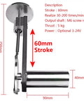 Top Tier Mini Telescopic Linear Actuator Featuring A Sixty Millimeter Stroke And Five Kilogram Thrust with dimensions and features marked.