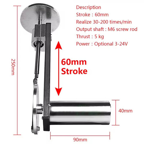 Top Tier Mini Telescopic Linear Actuator Featuring A Sixty Millimeter Stroke And Five Kilogram Thrust with dimensions and features marked.