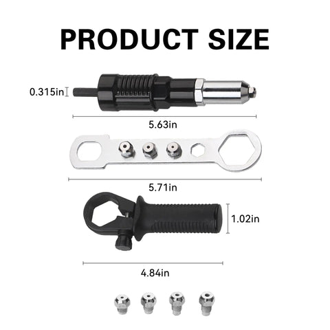 Pop Rivet Gun Adapter Kit For Cordless Drill Rivet Drill Attachment with four interchangeable heads and size details