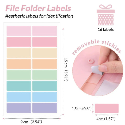 Colorful removable file folder labels with dimensions shown, compatible with Pink 8 Pocket Expanding File Folder Accordion Organizer.