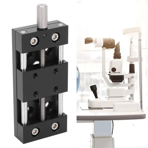 Built Tough Aluminum X Axis Sliding Table With Precision Manual Knobs For Micro Adjustments next to optical equipment.