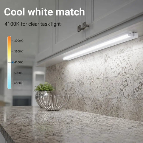 F8T5 Under Cabinet Fluorescent Bulbs 12 Inch 8W Tube Light Cool White 4100K Pack of 6 illuminating a kitchen counter