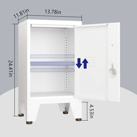 24.4 Inch High Metal Locker Cabinet With One Door And Adjustable Shelves, open view showing interior dimensions and leveling feet.